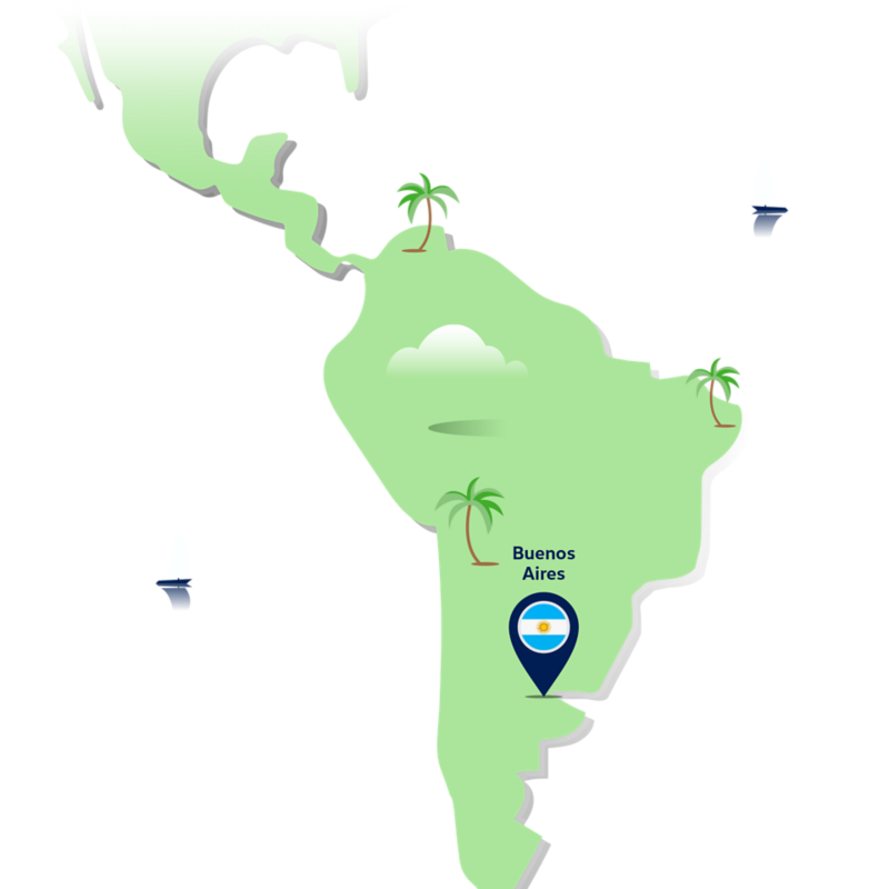 Grafische Karte von Südamerika mit Buenos Aires, markiert durch eine Stecknadel mit der argentinischen Flagge