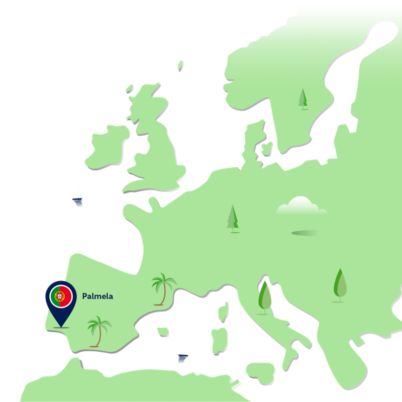 Grafische Karte von Europa mit Palmela, markiert durch eine Stecknadel mit der portugiesischen Flagge