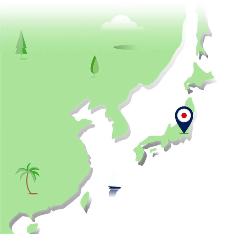 Grafische Karte von Ostasien mit Tokio, markiert durch eine Stecknadel mit der japanischen Flagge.