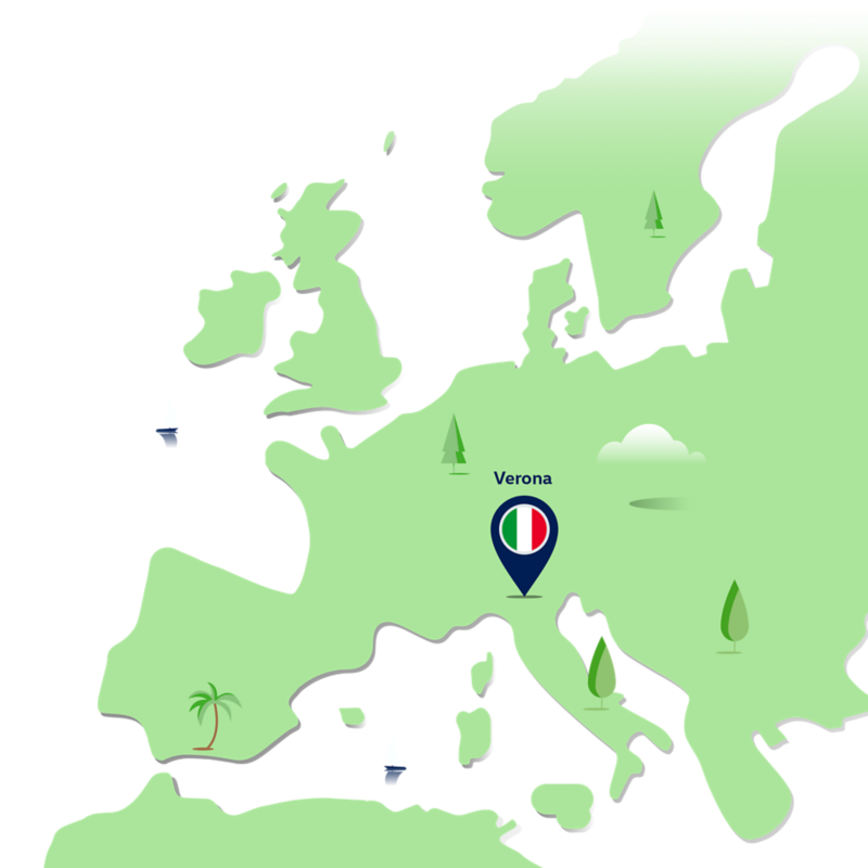 Grafische Karte von Europa mit VW Standort Verona, markiert durch eine Stecknadel mit der italienischen Flagge