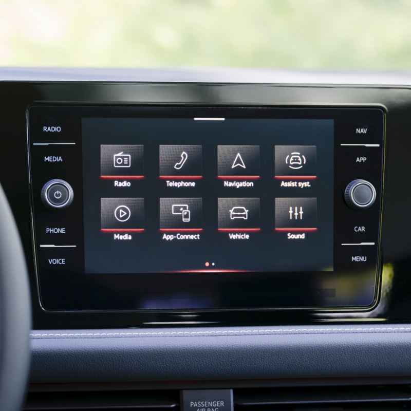 Close-up of the 2025 VW Jetta's touchscreen display, showcasing the available Wireless Apple CarPlay® and Android Auto™ features.