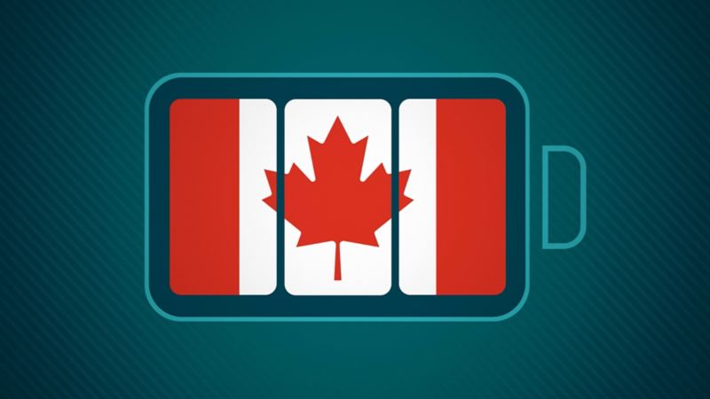 An image of the Canadian flag within an icon of a battery.
