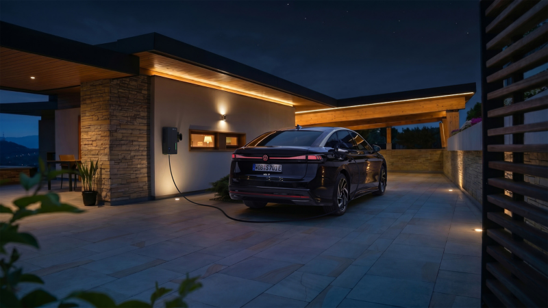 Ein VW ID. 7 lädt abends an einer Wallbox vor einem modernen Wohnhaus.