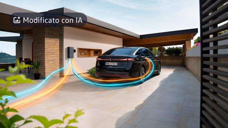 Una ID.7 alla wallbox con flussi di energia visualizzati graficamente.modificato con intelligenza artificiale