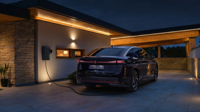 Ein VW ID. 7 lädt abends an einer Wallbox vor einem modernen Wohnhaus.