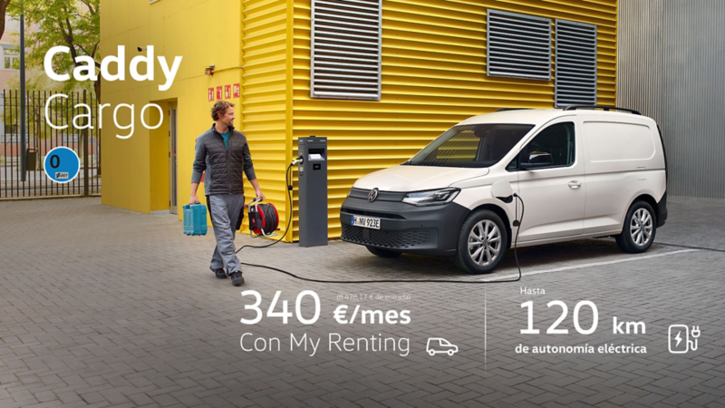 Foto lateral de una Caddy Cargo eHybrid blanca