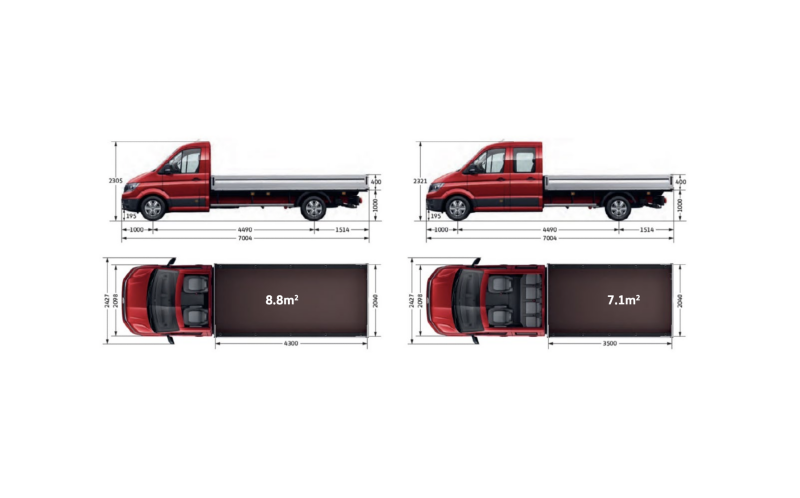 Plano de las dimensiones de la cabina sencilla y la cabina doble en el VW Crafter Caja Abierta Batalla Larga