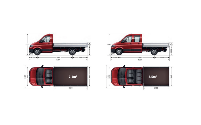 Plano de las dimensiones de la cabina sencilla y la cabina doble en el VW Crafter Caja Abierta Batalla Media