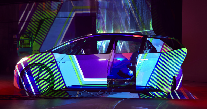 The ID. concept car covered with graphical projections