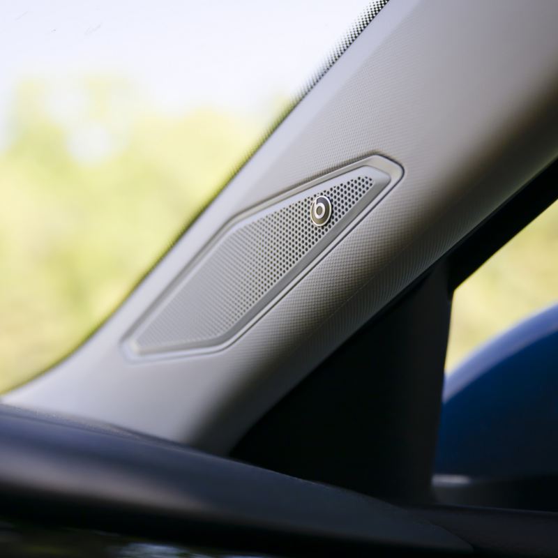 Close-up of the 2025 VW Jetta's interior, showcasing the BeatsAudio® speaker integrated into the car’s pillar.