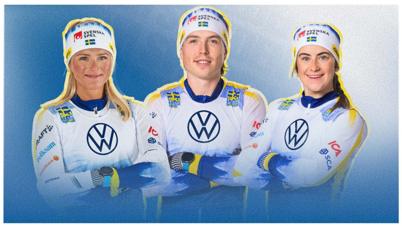 Portträttbild på tre skidåkare. Från vänster: Frida Karlsson, William Poromaa och Ebba Andersson.