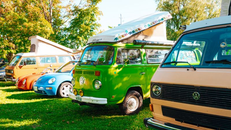 A group of vintage Volkswagen vehicles parked side by side