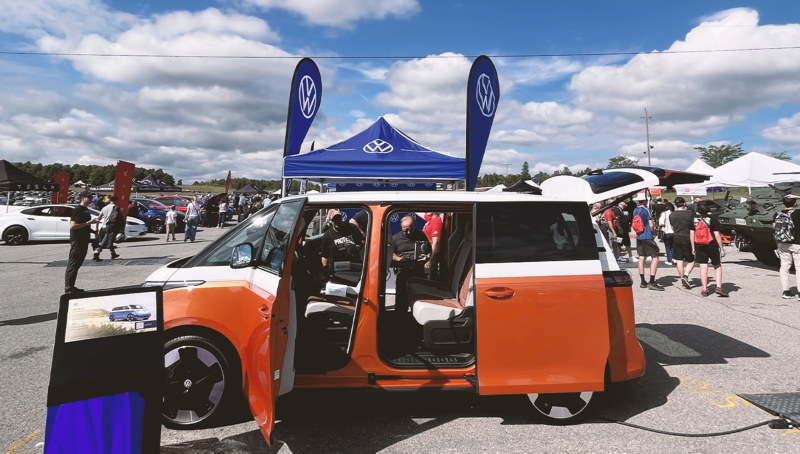 A side shot of the Volkswagen ID. Buzz with the sliding doors open.