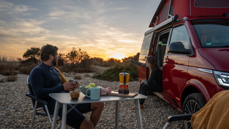 Campingtisch vor einem VW California bei Sonnenuntergang in der Natur