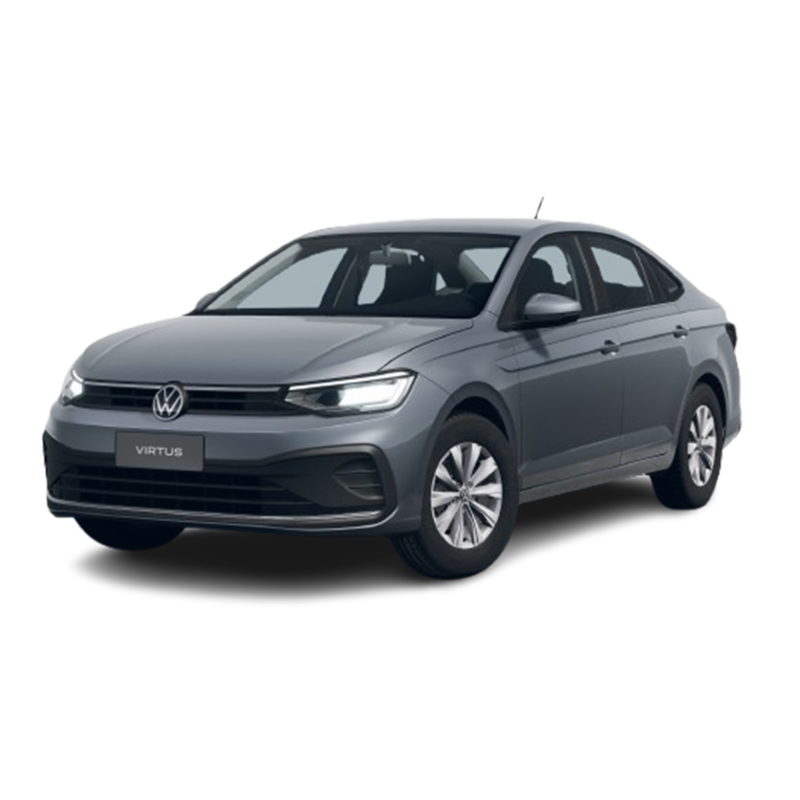 Imagen del Volkswagen Virtus 2024, sedán compacto-mediano en color gris, mostrando su diseño moderno y elegante con faros LED.