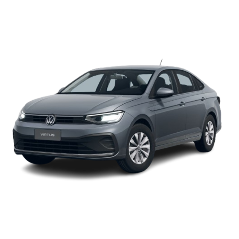 Imagen del Volkswagen Virtus 2024, sedán compacto-mediano en color gris, mostrando su diseño moderno y elegante con faros LED.