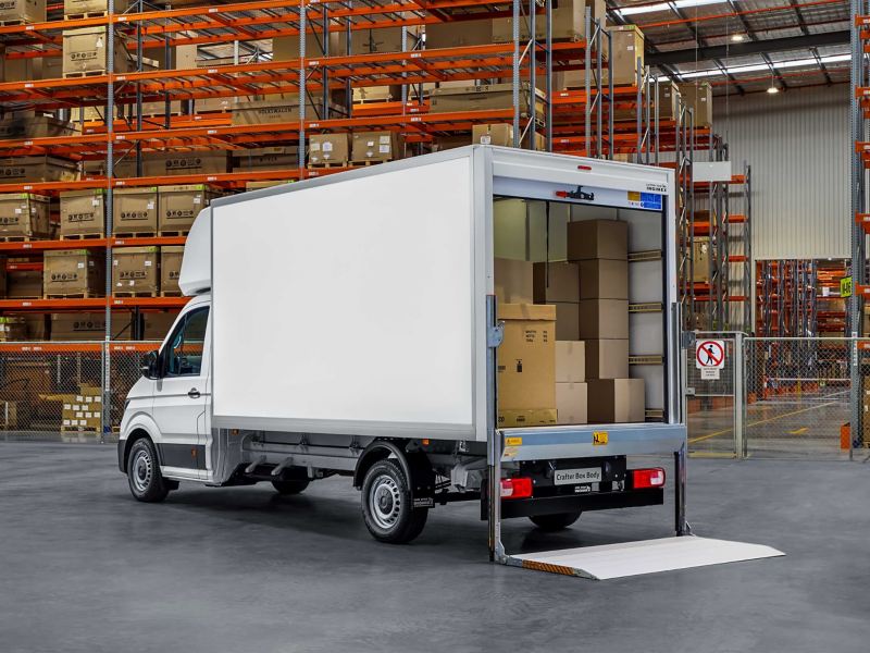 Volkswagen Crafter Box Body parked inside the factory with boot door open