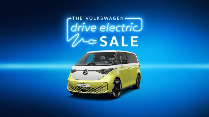 Drive Electric sale logo in neon style font with 3/4 view of the VW ID.5