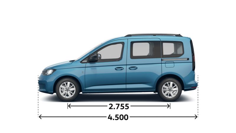 Mått VW Caddy Life personbil från sidan.