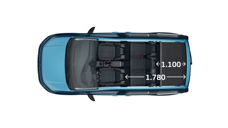 Mått VW Caddy Life personbil interiör uppifrån.