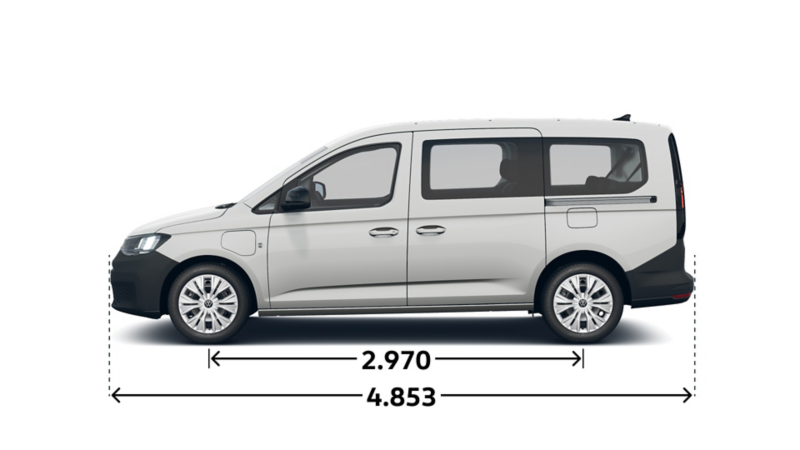 Utklippt 7-sits VW Caddy Maxi personbil från sidan