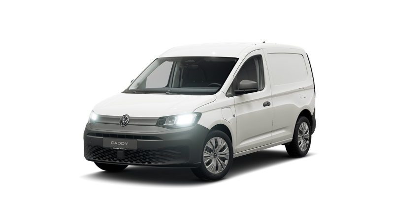 Ein VW Caddy Cargo eHybrid vor weißem Hintergrund.