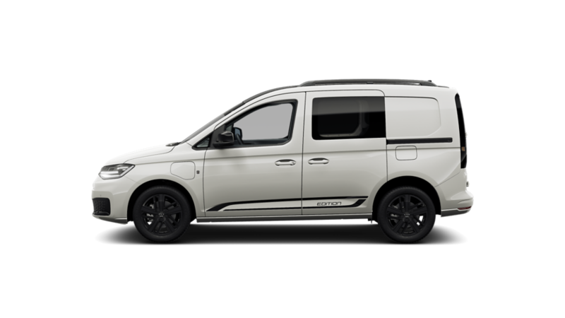 Zijaanzicht witte Caddy Flexible Limited Edition met zwarte details