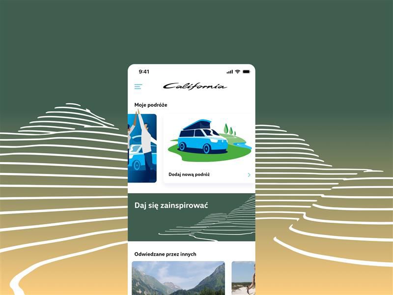 Zrzut ekranu z aplikacji California w tematyce „Podróżuj i odkrywaj” na tle stylizowanych poziomic.