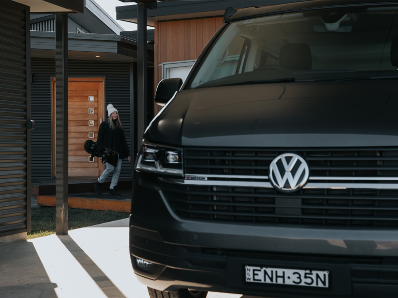 Black VW van front close up