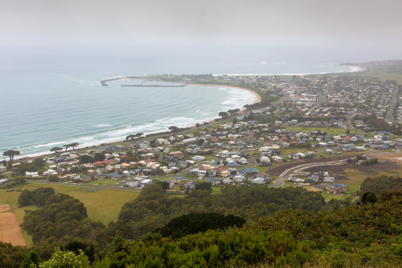 Ariel view of town and ocean