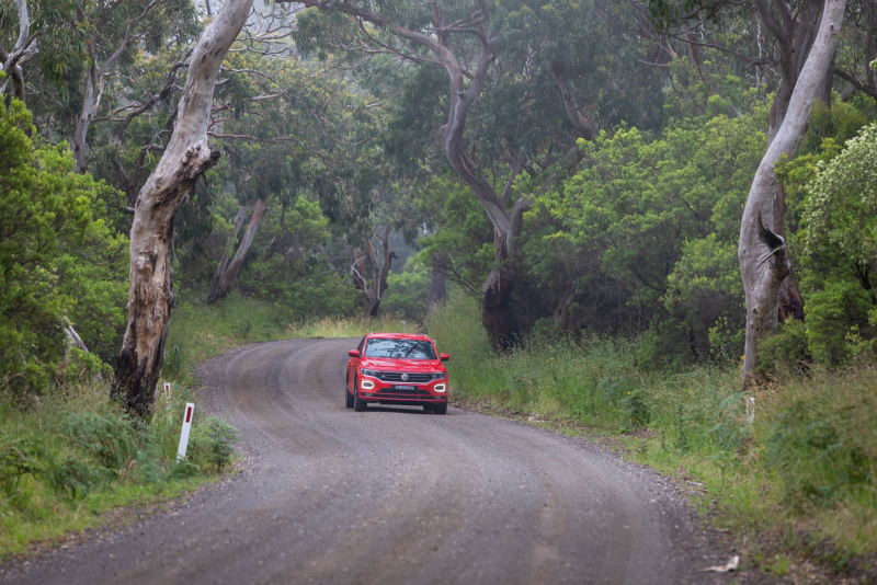 VW Car driving through forest