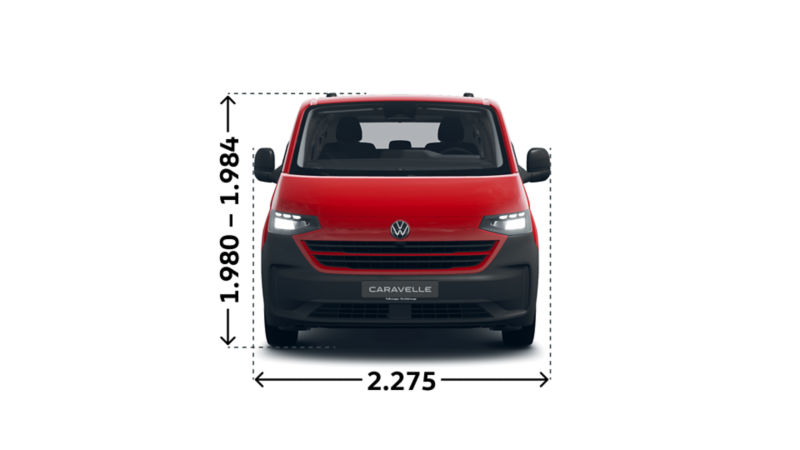 Måttskiss VW Caravelle framifrån: bredd och höjd.