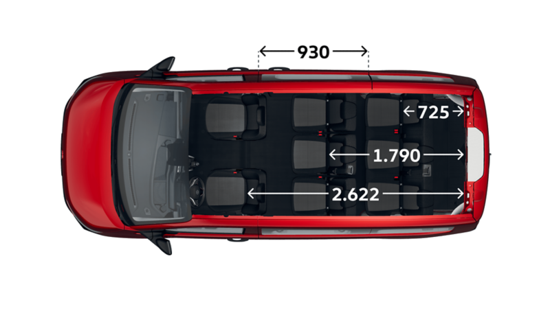 Måttskiss VW Caravelle: passagerarutrymmet uppifrån.