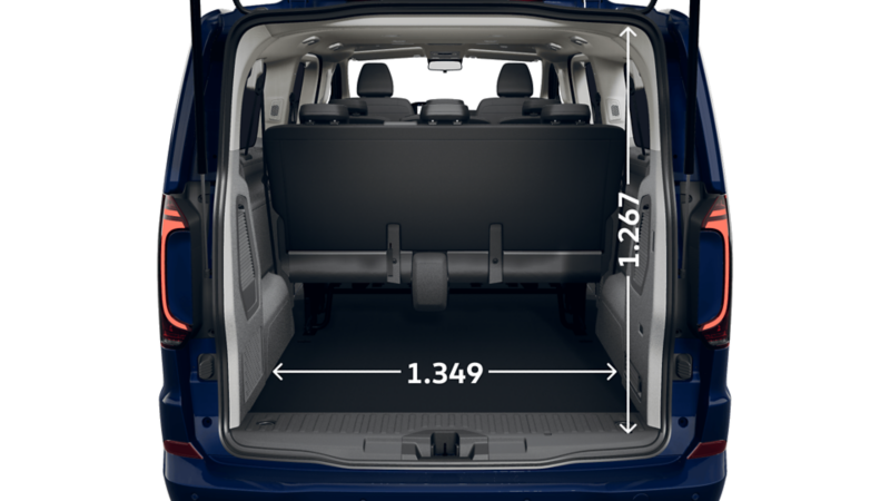 Måttskiss VW Caravelle med långt axelavstånd: lastytans höjd och bredd.