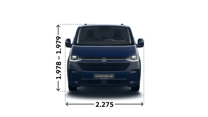 Måttskiss VW Caravelle med långt axelavstånd framifrån: bredd och höjd.