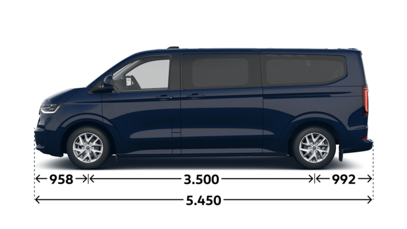 Måttskiss VW Caravelle med långt axelavstånd.