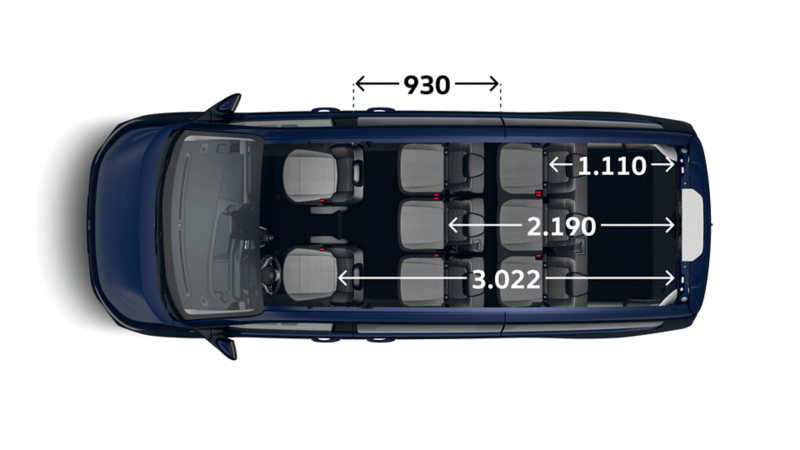 Måttskiss VW Caravelle med långt axelavstånd: lastutrymme uppifrån.