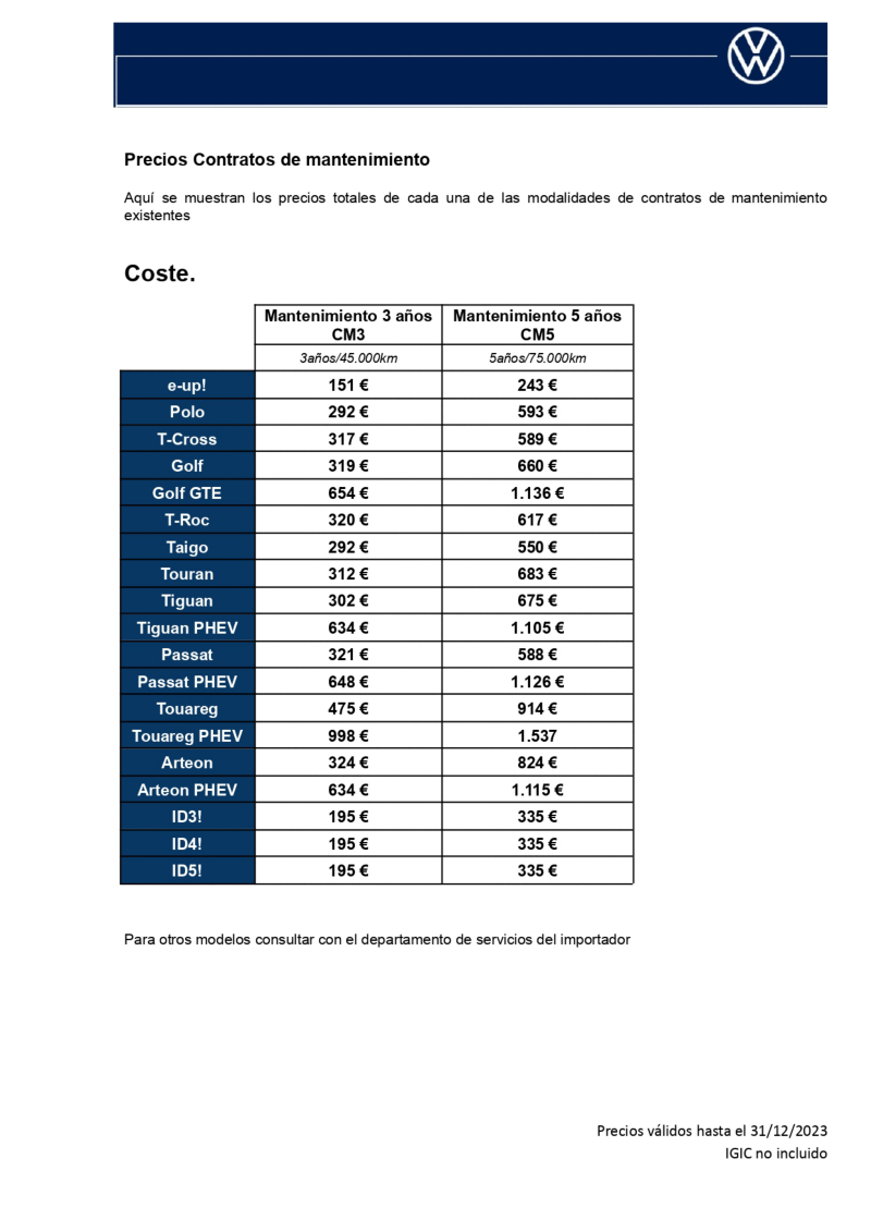 Contrato de mantenimiento Volkswagen Canarias precios