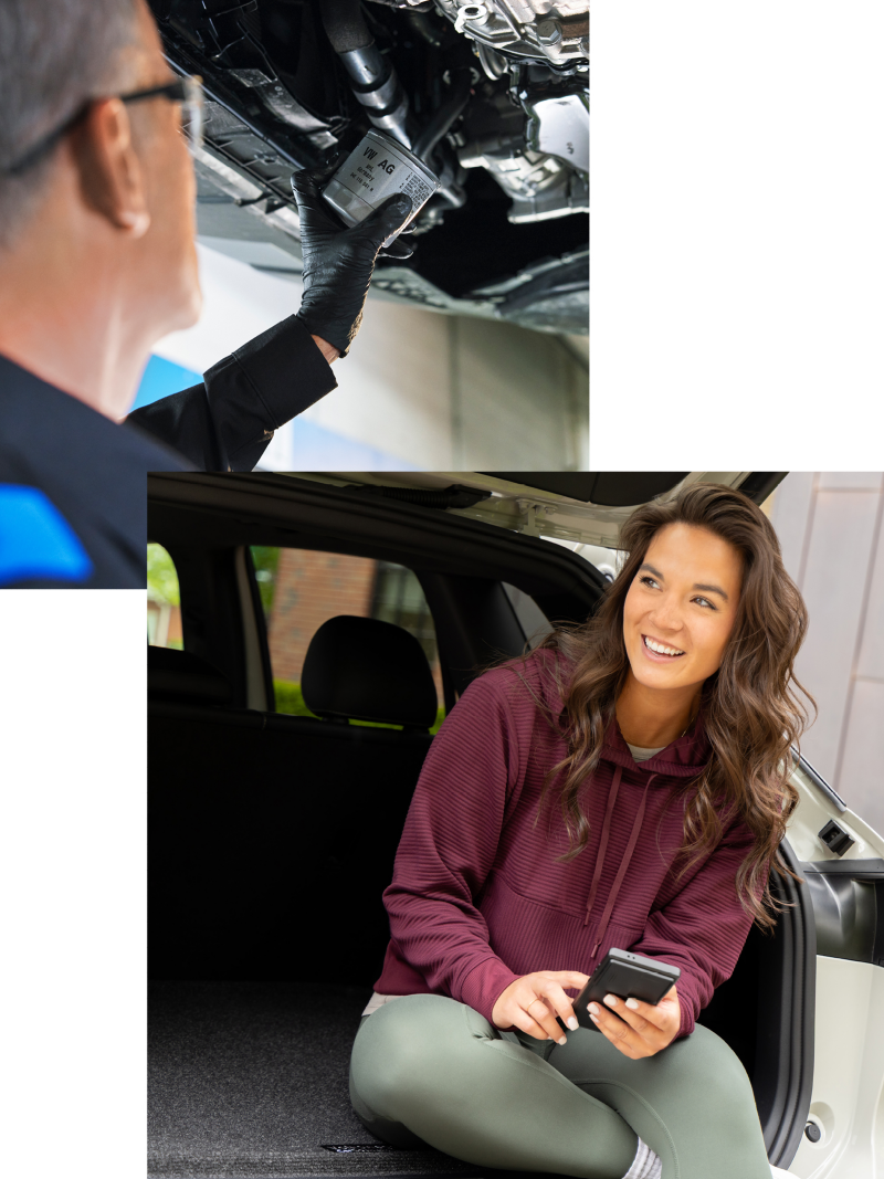 Montaje de imágenes que muestra a los técnicos de VW y al propietario de un VW sentados en el vehículo.