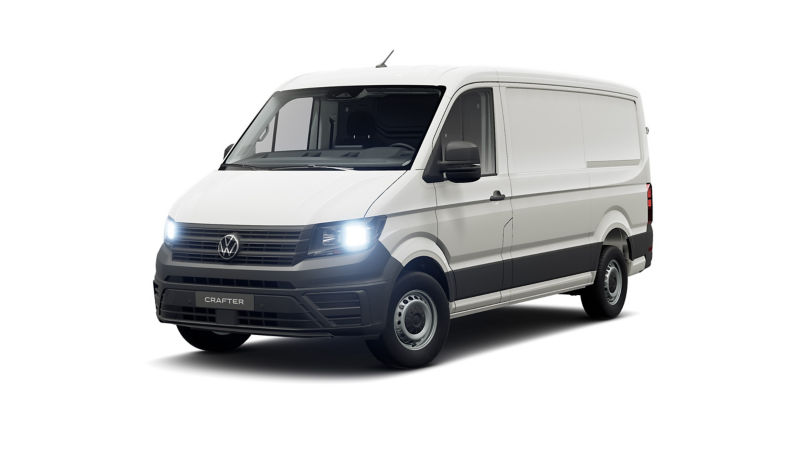 Ein VW Crafter Kastenwagen vor weißem Hintergrund.