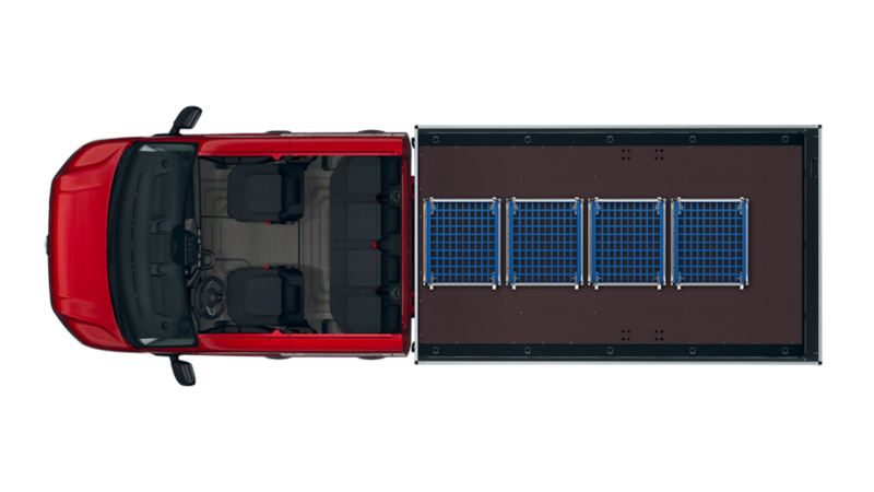 Der VW Crafter Pritschenwagen Doppelkabine mit vier Rollcontainern auf der Ladefläche.