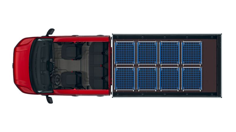 Der VW Crafter Pritschenwagen Doppelkabine mit acht Rollcontainern auf der Ladefläche.