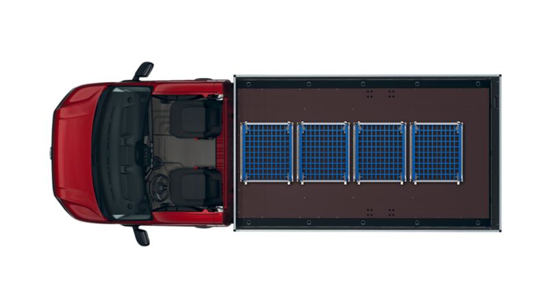 Der VW Crafter Pritschenwagen Einzelkabine mit vier Rollcontainern auf der Ladefläche.