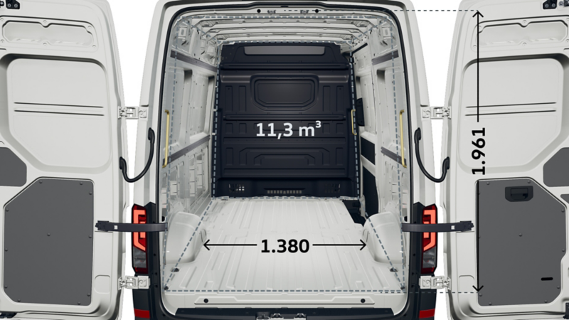 VW Crafter Skåp med högt tak, måttskiss lastutrymme.