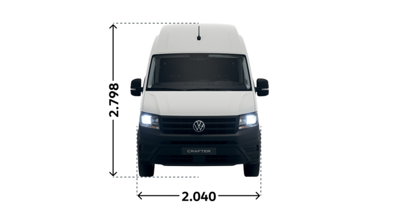 VW Crafter Skåp med långt axelavstånd, överhäng och extrahögt tak, måttskiss.
