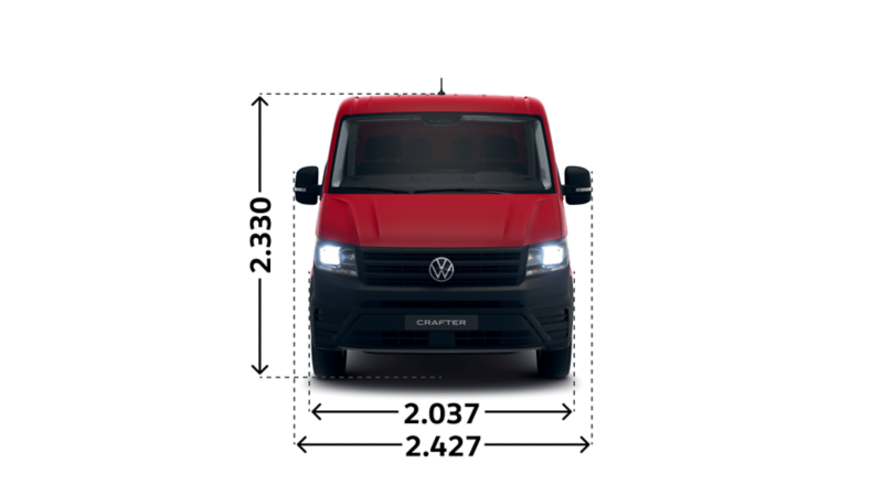 VW Crafter Chassi dubbelhytt måttskiss framifrån.