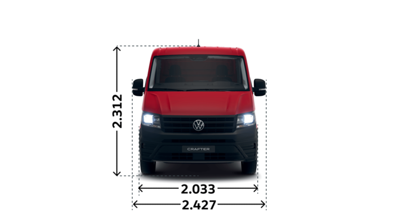 VW Crafter Chassi enkelhytt måttskiss framifrån.