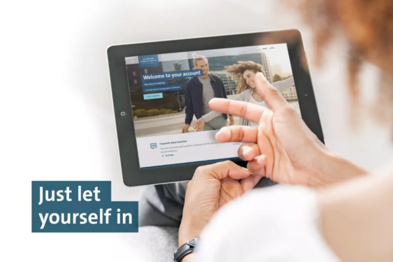Photo & illustration of using the VWFS Customer Portal on a tablet device.