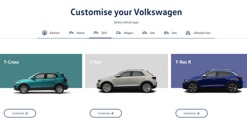 Interface of the Volkswagen online customiser tool