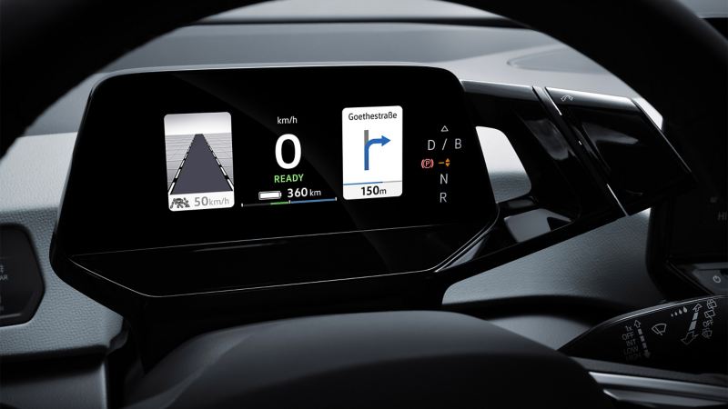 Dettaglio del nuovo Head-Up Display con funzione di realtà aumentata collocato sul volante di Volkswagen ID.3